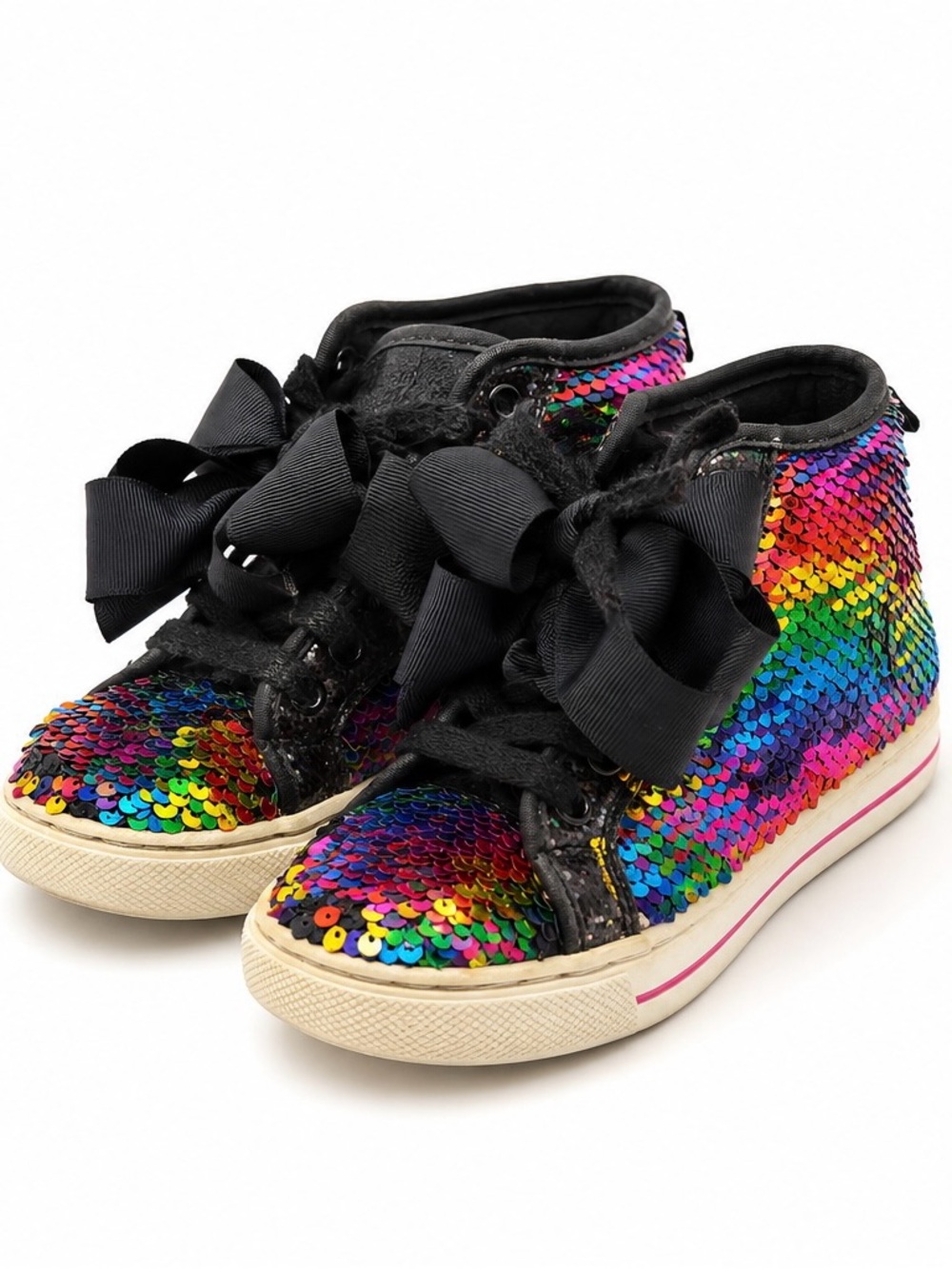 Justice Rainbow Sequin High Top Sneakers Girls Bow Ribbon MultiColor Glitter 12